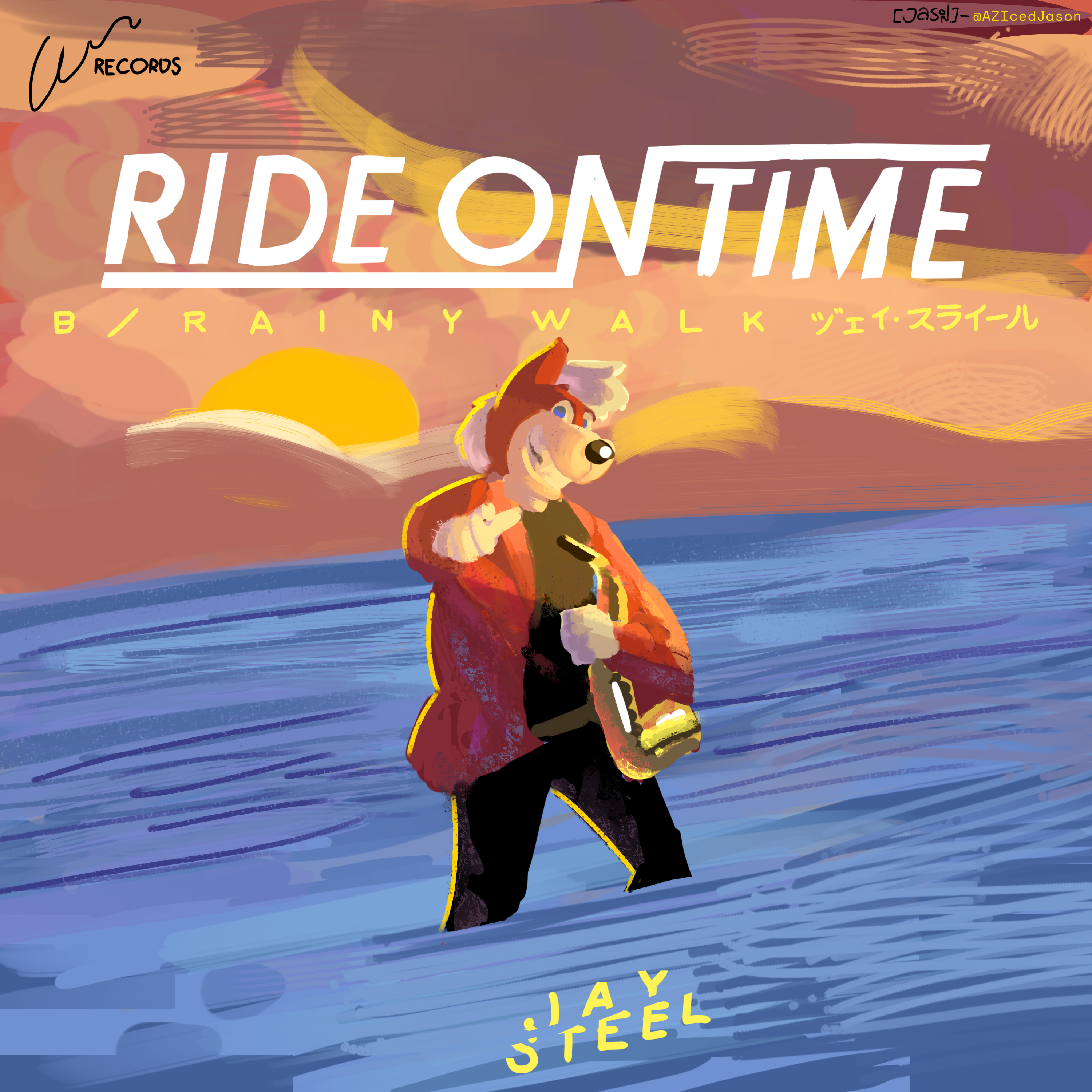 Wonderful artwork by @AZIcedJason of my fursona, Jay Steel, inserted into the ride on time single cover.